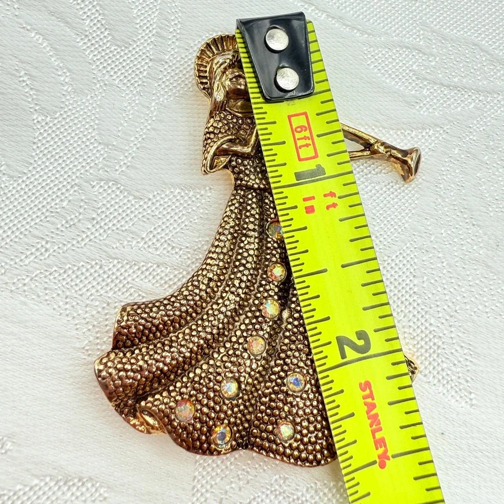 Vintage Gold Tone Girl Playing Alphorn Instrument Brooch w/ AB Rhinestones